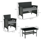 PE Rattan Outdoor Lounge with Sofa, 2 Armchairs with Cushions and Glass Coffee Table, Black and Gray - Borgè