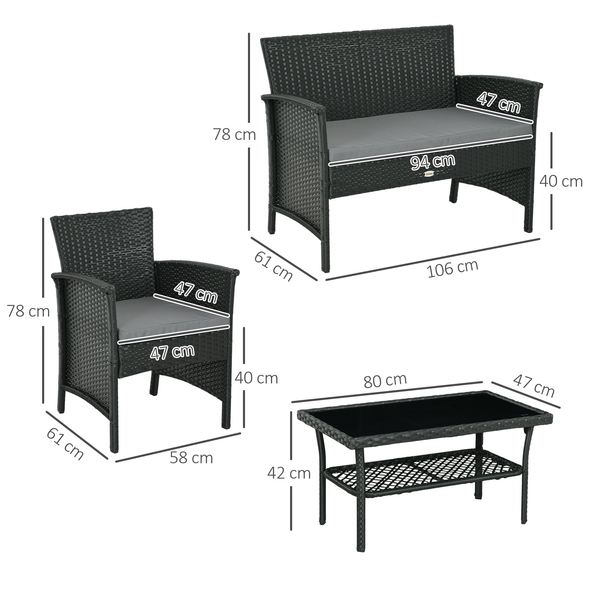 PE Rattan Outdoor Lounge with Sofa, 2 Armchairs with Cushions and Glass Coffee Table, Black and Gray - Borgè