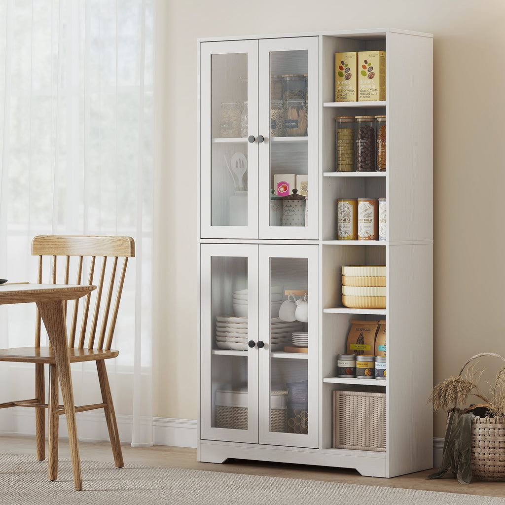 HOMCOM Tall Kitchen Sideboard, Pantry Cabinet with 4 Soft-Close Glass Doors, 6 Open Shelves, Adjustable Shelves, White