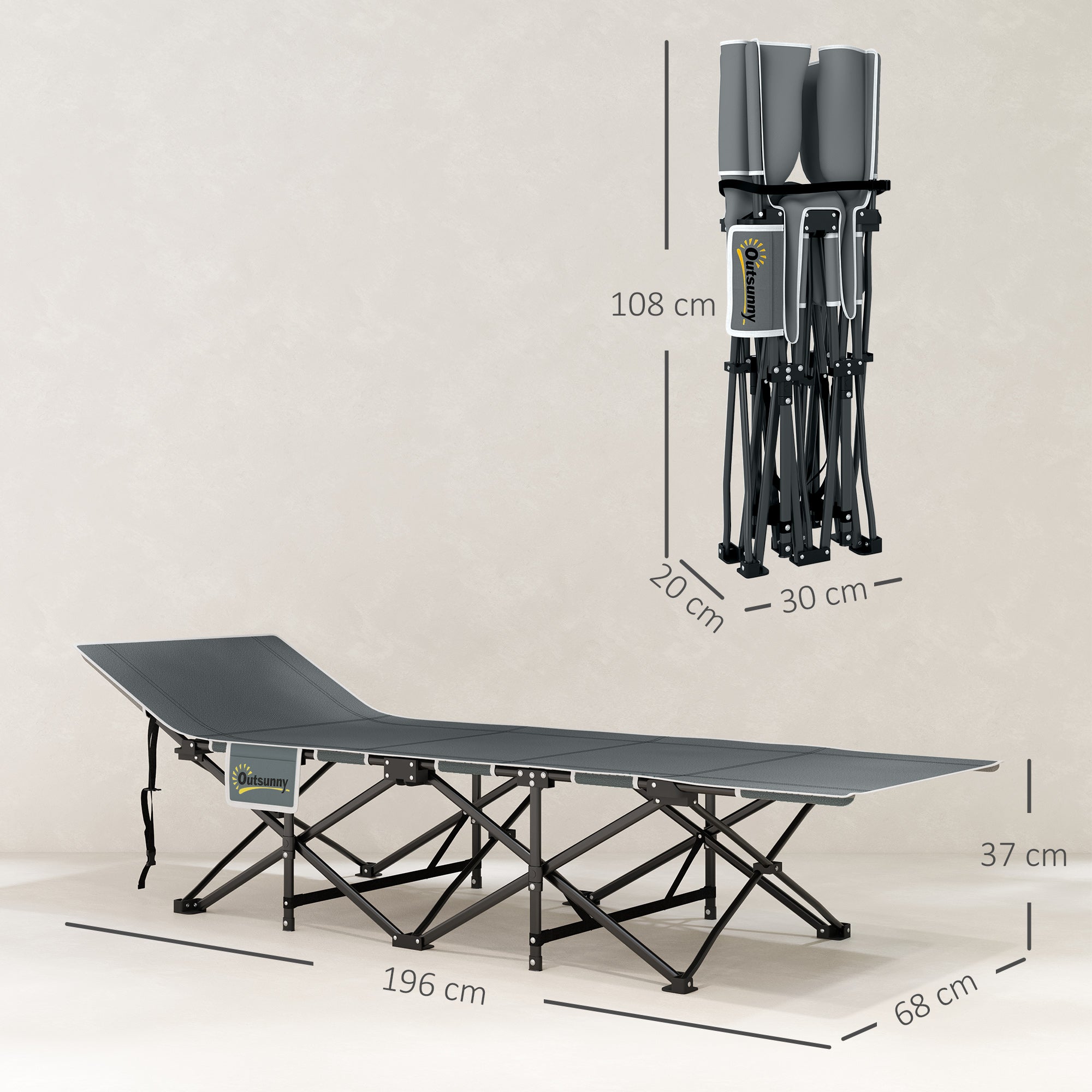 Folding Camping Cot with Inclined Headrest and Removable Mattress, 196x68x37 cm, Black