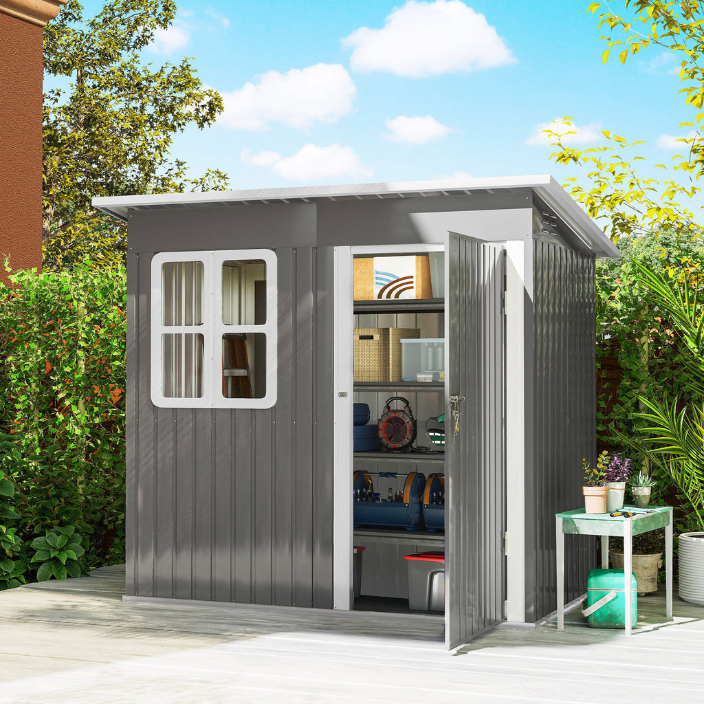 Outsunny 2.55m² Galvanized Steel Garden Shed with Foundation Kit, Pitched Roof Locking Door, Grey