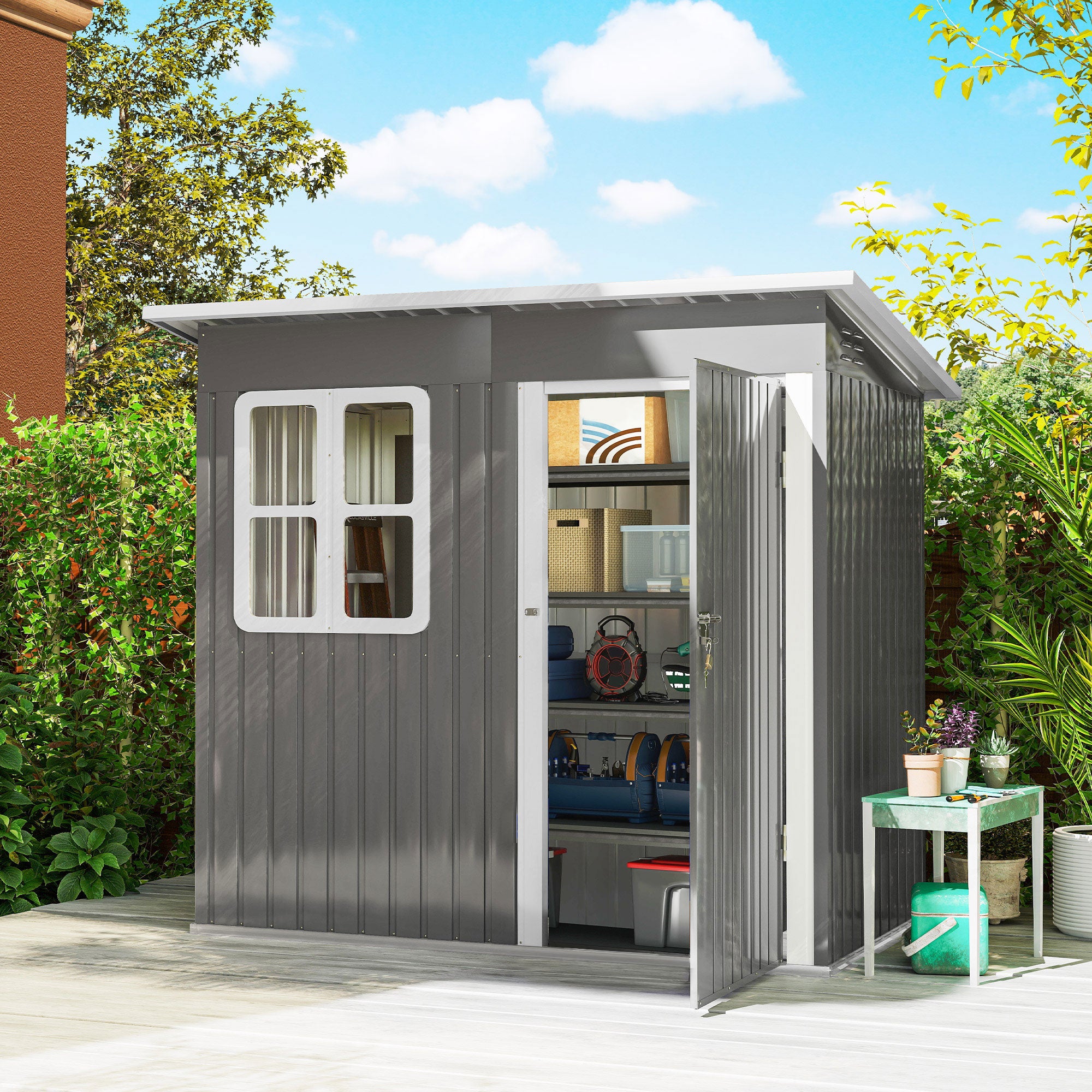 Outsunny 2.55m² Galvanized Steel Garden Shed with Foundation Kit, Pitched Roof Locking Door, Grey