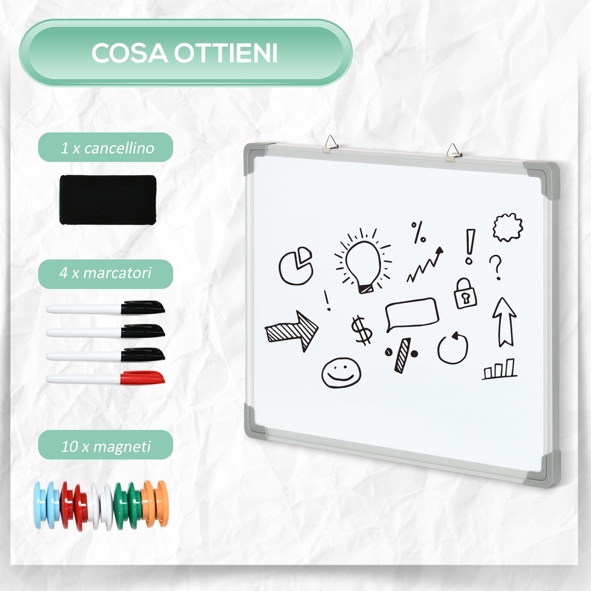 Magnetic Wall Whiteboard with Eraser, Markers and Magnets, in Aluminium, 60x1.8x45 cm, White - Borgè