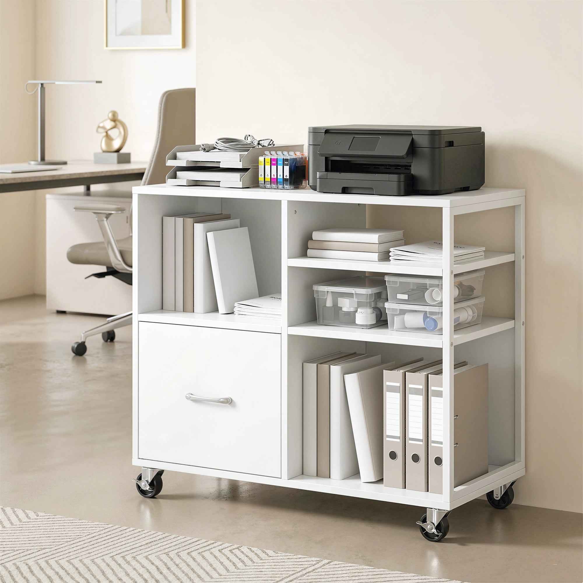 HOMCOM A4 Printer Table with Wheels and Drawer for Home and Office
