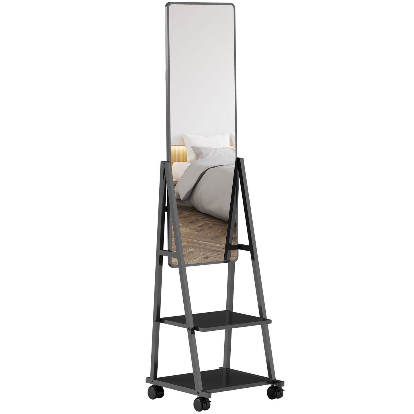 Vertical Floor Mirror with 2 Shelves and 4 Castors, Steel and Wood, 42x37x155 cm, Black