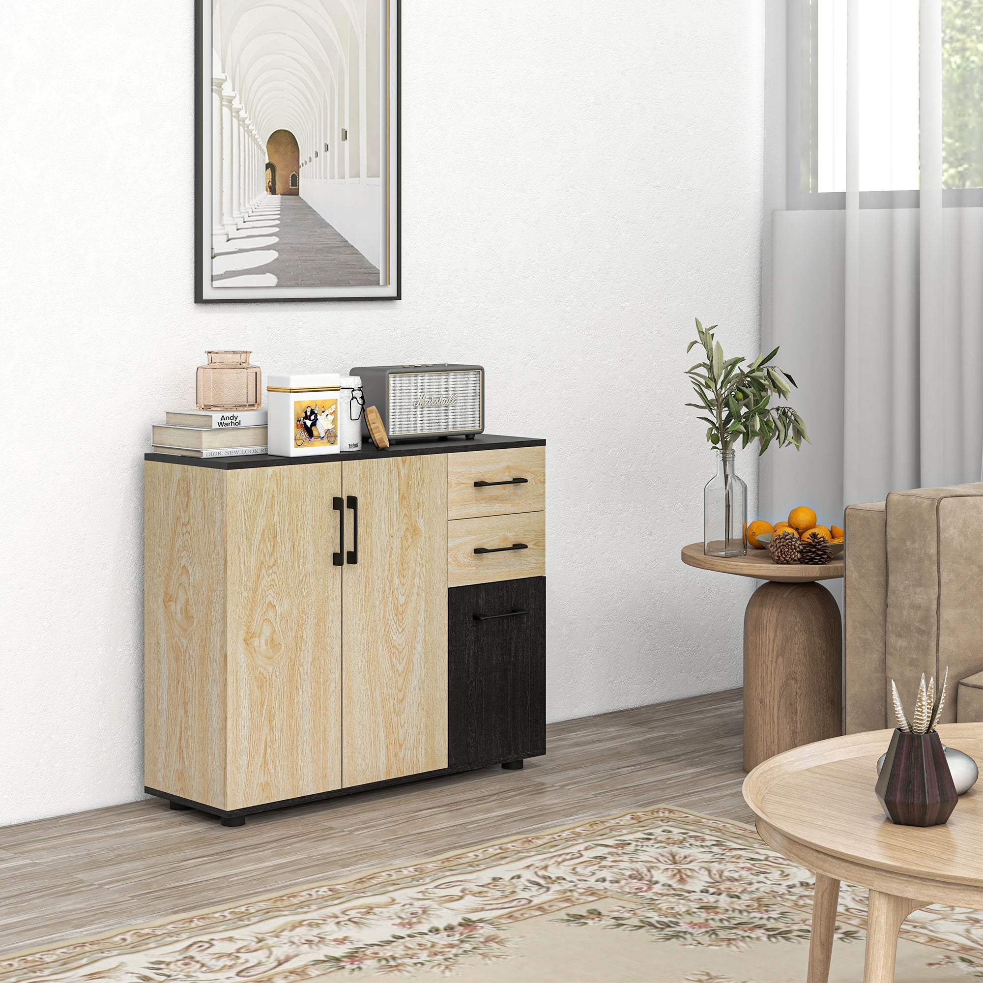 HOMCOM Modern Sideboard with 2 Cabinets and 2 Drawers in Wood, 90x30x75.5cm, Walnut and Black - Borgè