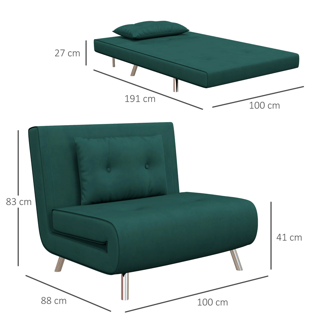 Single Reclining Velvet Armchair, 100x88x83cm, Dark Green