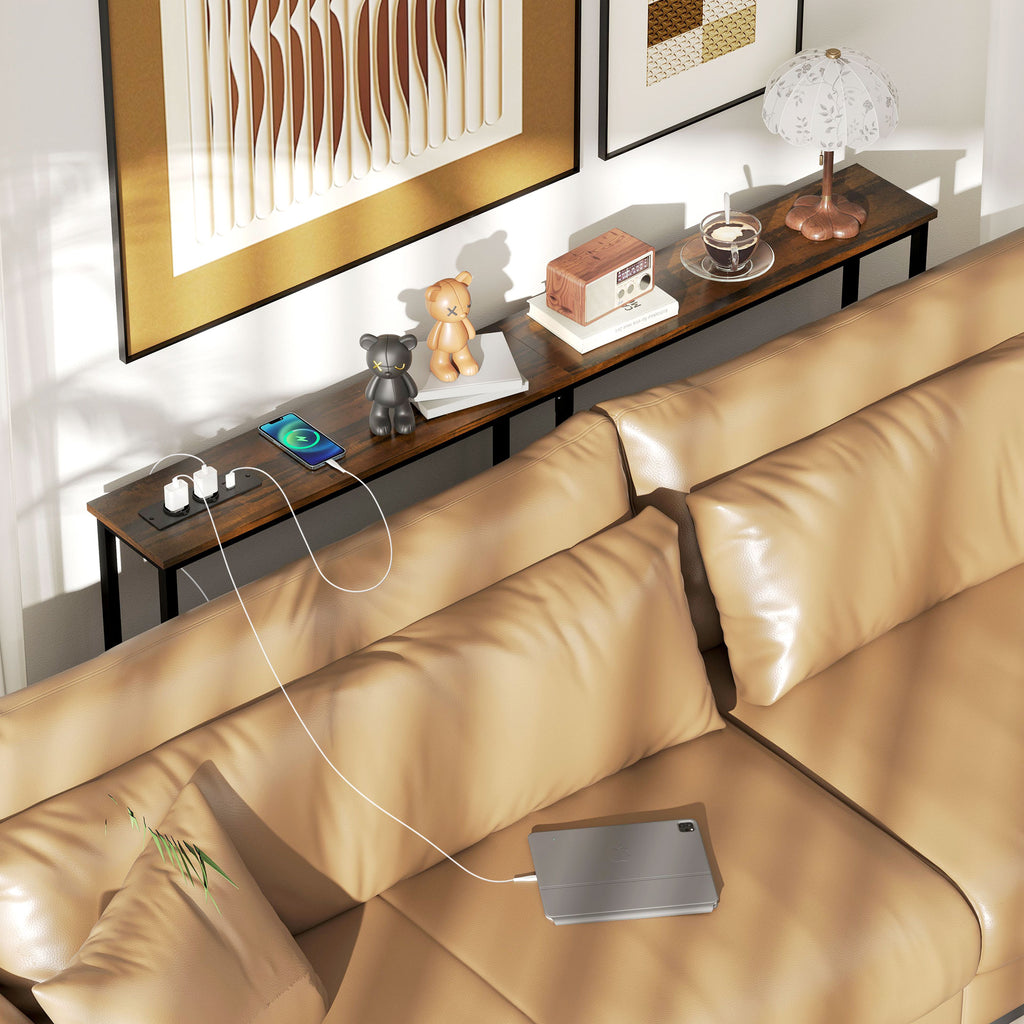 Industrial Style Console Table with Charging Station, in Wood and Steel, 160x20x80 cm, Brown