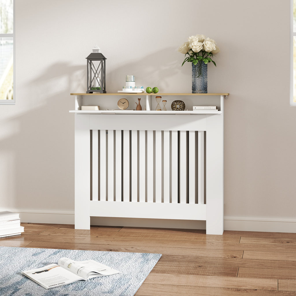 Anti-tipping slatted radiator cover with storage drawer, in wood, 112x19x97 cm, White