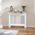 Anti-tipping slatted radiator cover with storage drawer, in wood, 112x19x97 cm, White