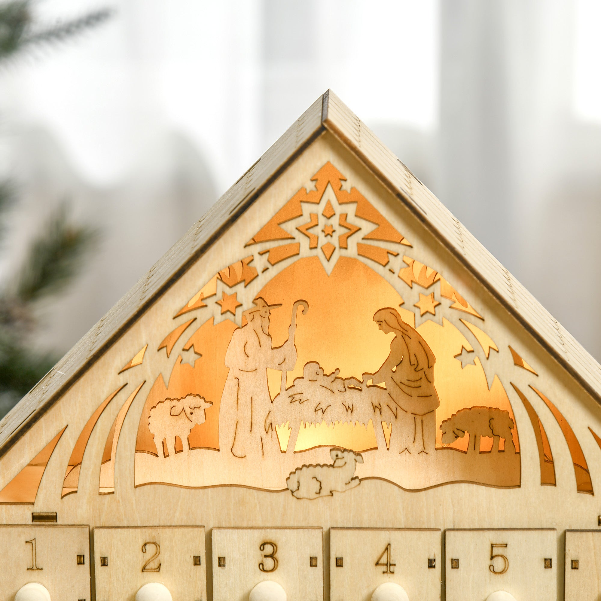 Wooden Advent Calendar with 24 Drawers, Christmas Decoration with Carved Nativity Scene and Lights, 26.6x6x30cm