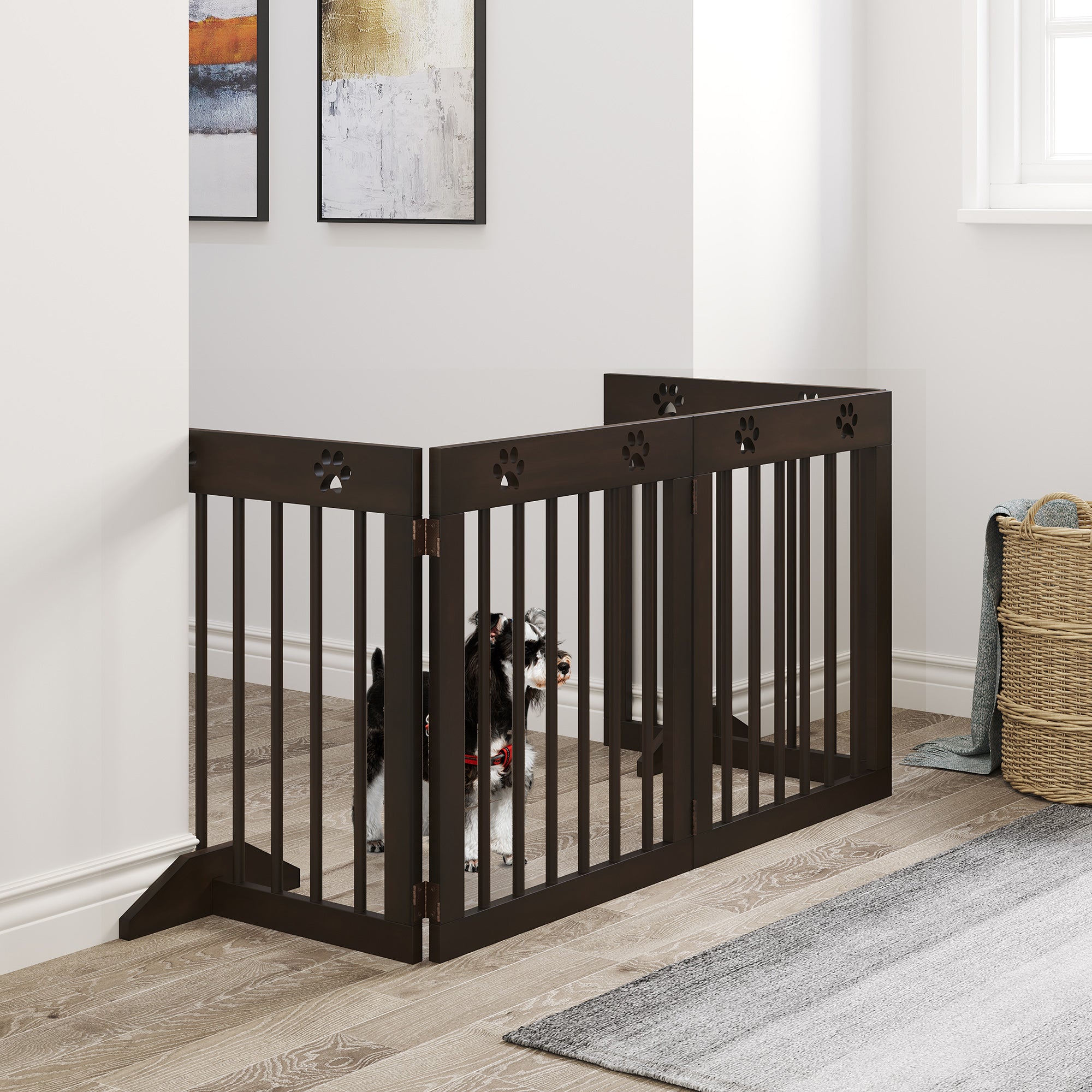 PAWHUT Dog gate small folding size, pine wood, 204x30x61 cm, brown - Borgè