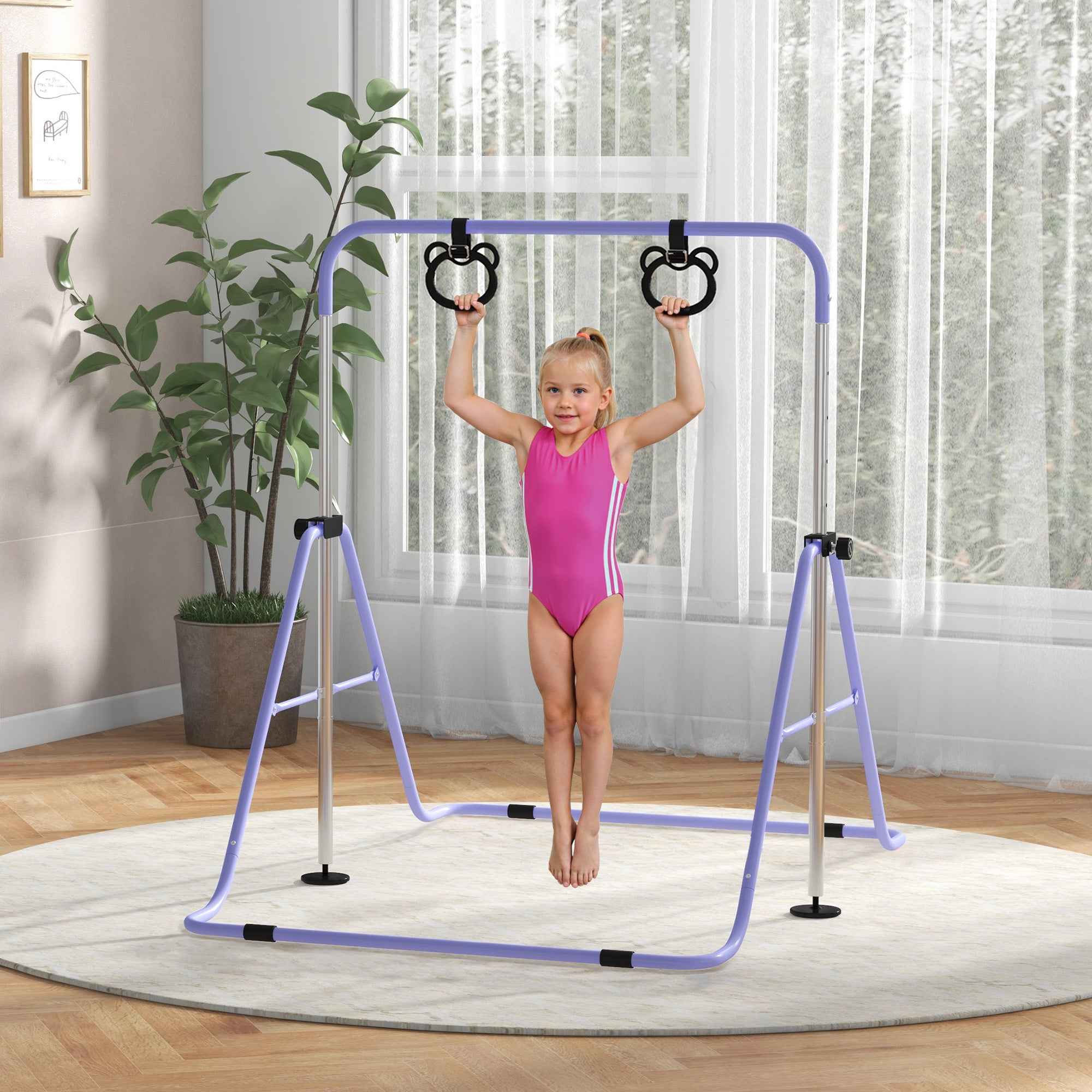 HOMCOM Height-Adjustable Gymnastics Bar for Children with 2 Rings, Steel, 148x105x88-128 cm, Purple