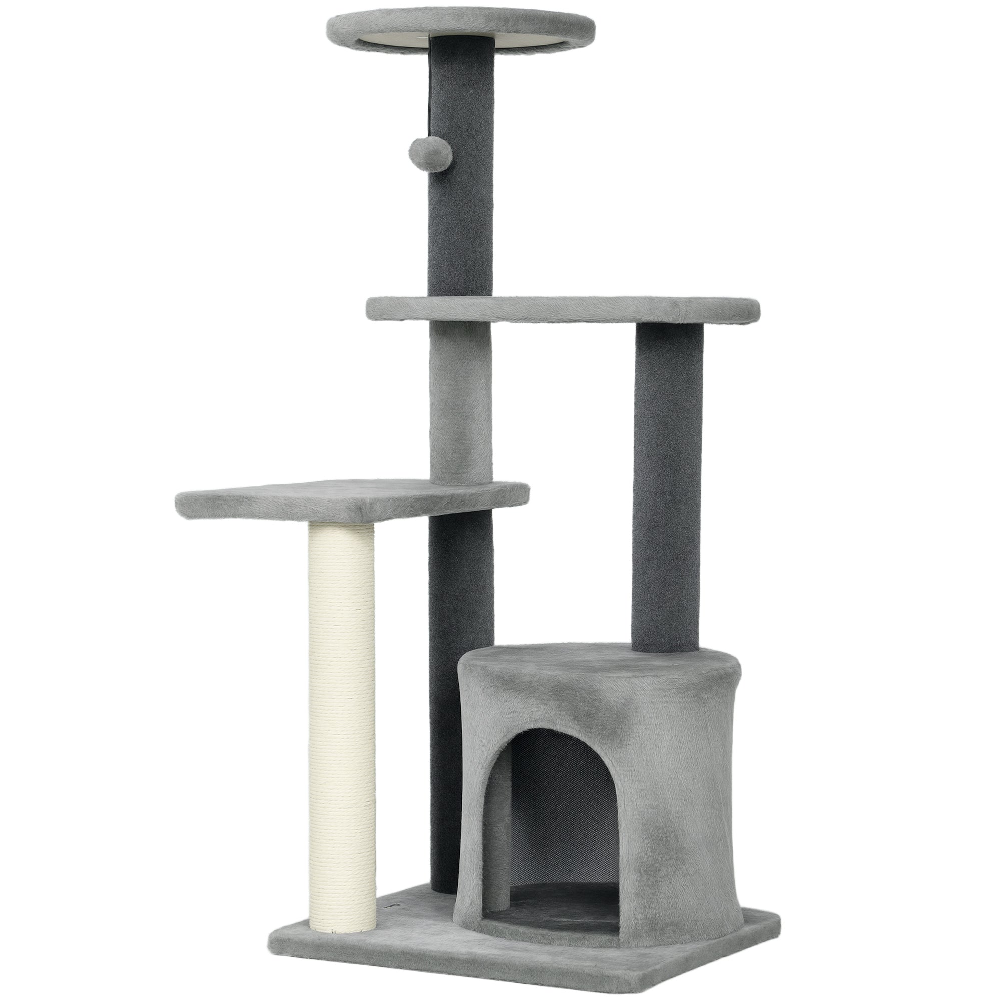 103cm Multi-Level Cat Tree with Sisal Scratching Posts, Playhouse and Plush Ball, Grey