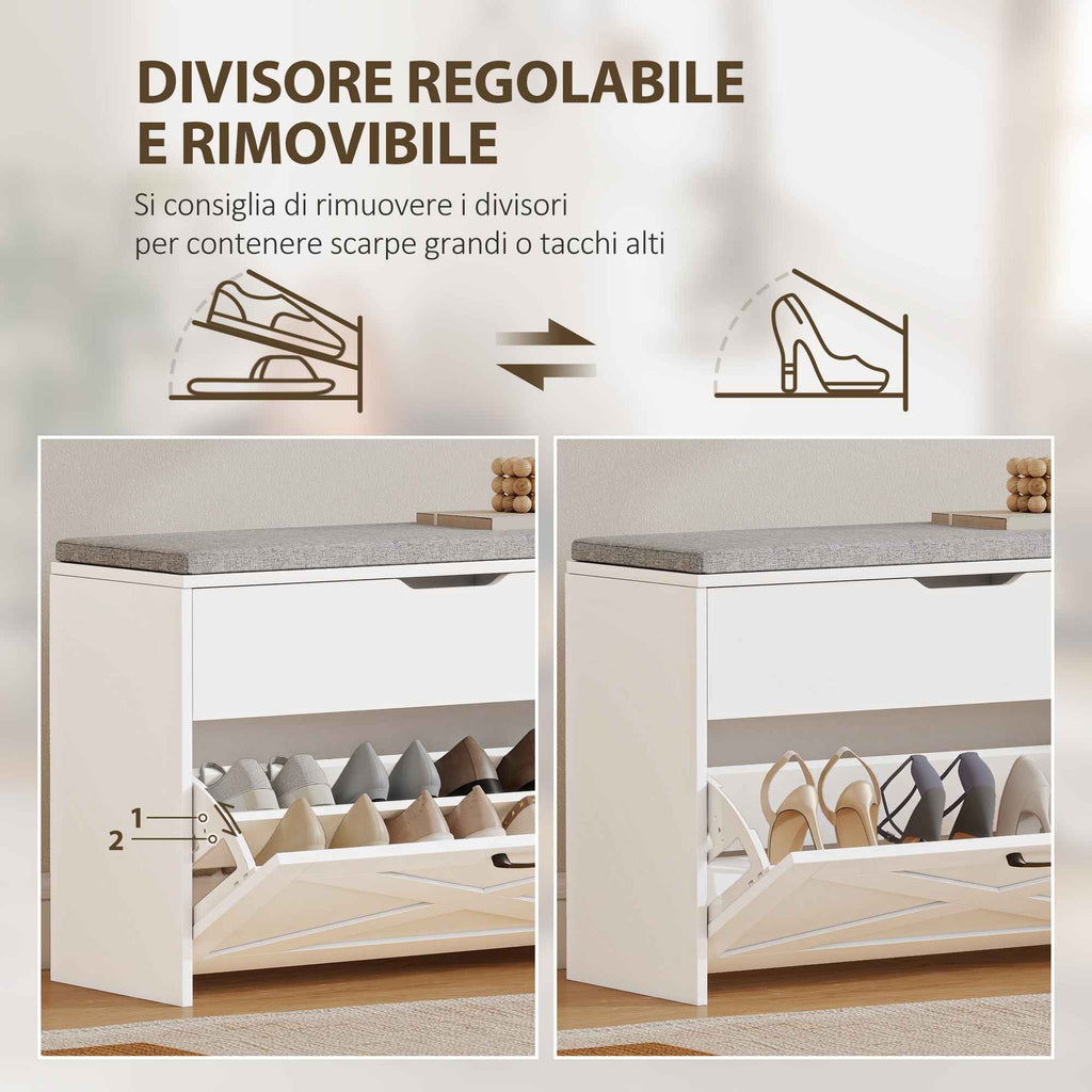 HOMCOM Shoe Bench with Folding Drawer and Storage, Capacity for 8 Pairs of Shoes, 80x30x55 cm, White