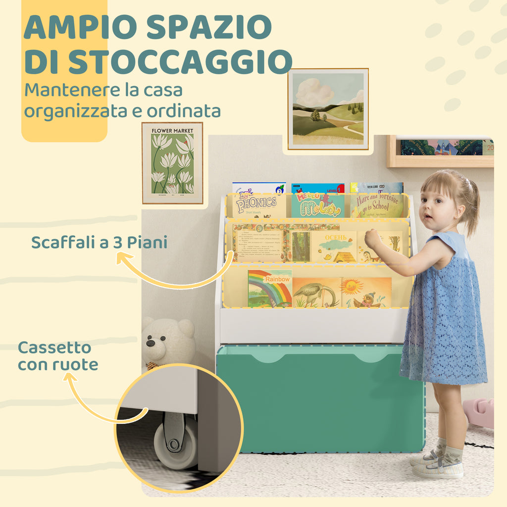 Children's Bookcase for 3-8 Years Old, 3-Tier, with Lower Drawer, MDF, 62.5x30x70 cm, Green