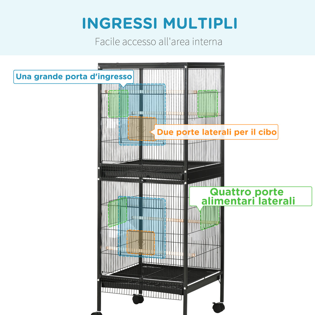 Indoor Bird Aviary Cage with Wheels and Removable Trays, 51.5x50x140 cm, Black