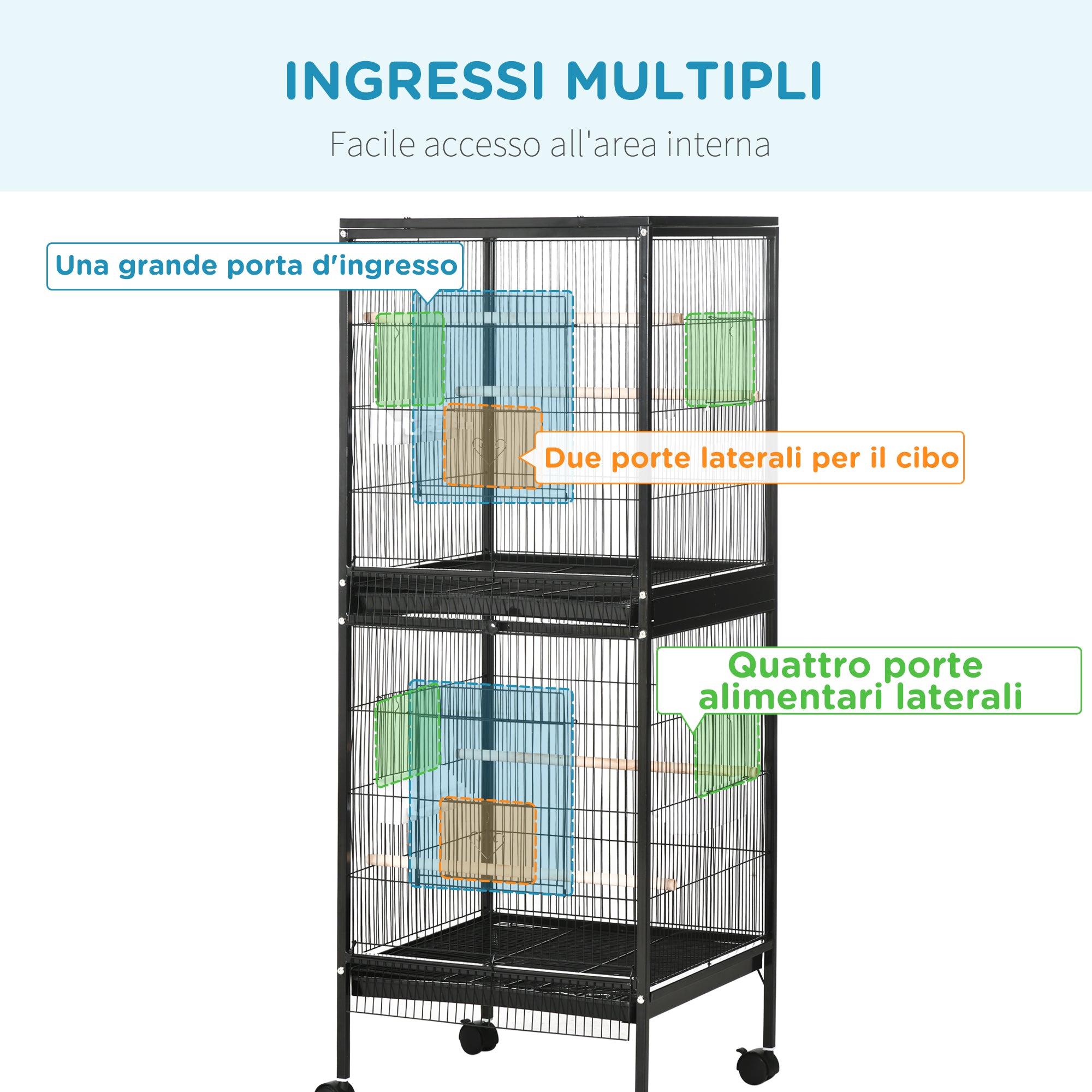 Indoor Bird Aviary Cage with Wheels and Removable Trays, 51.5x50x140 cm, Black