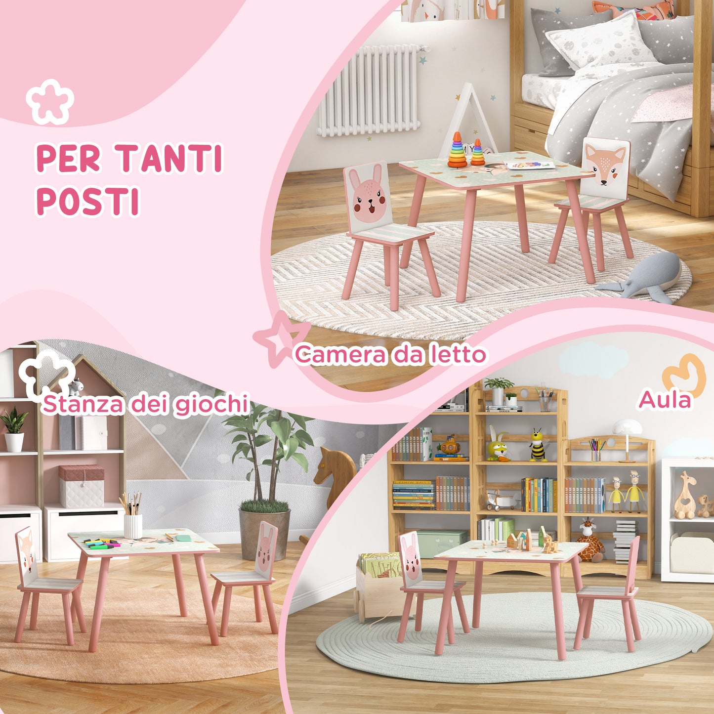 ZONEKIZ 3-piece table and chair set for children 3-8 years in MDF and pine wood with animal designs, pink - Borgè