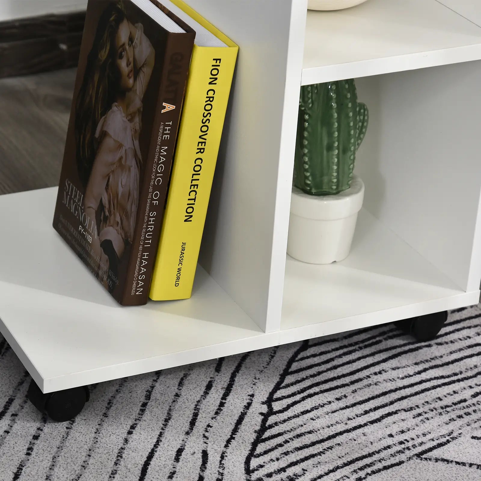 C-Shaped Coffee Table with 2 Open Shelves and 4 Swivel Wheels, in MDF and PE, 45x35x58 cm, White