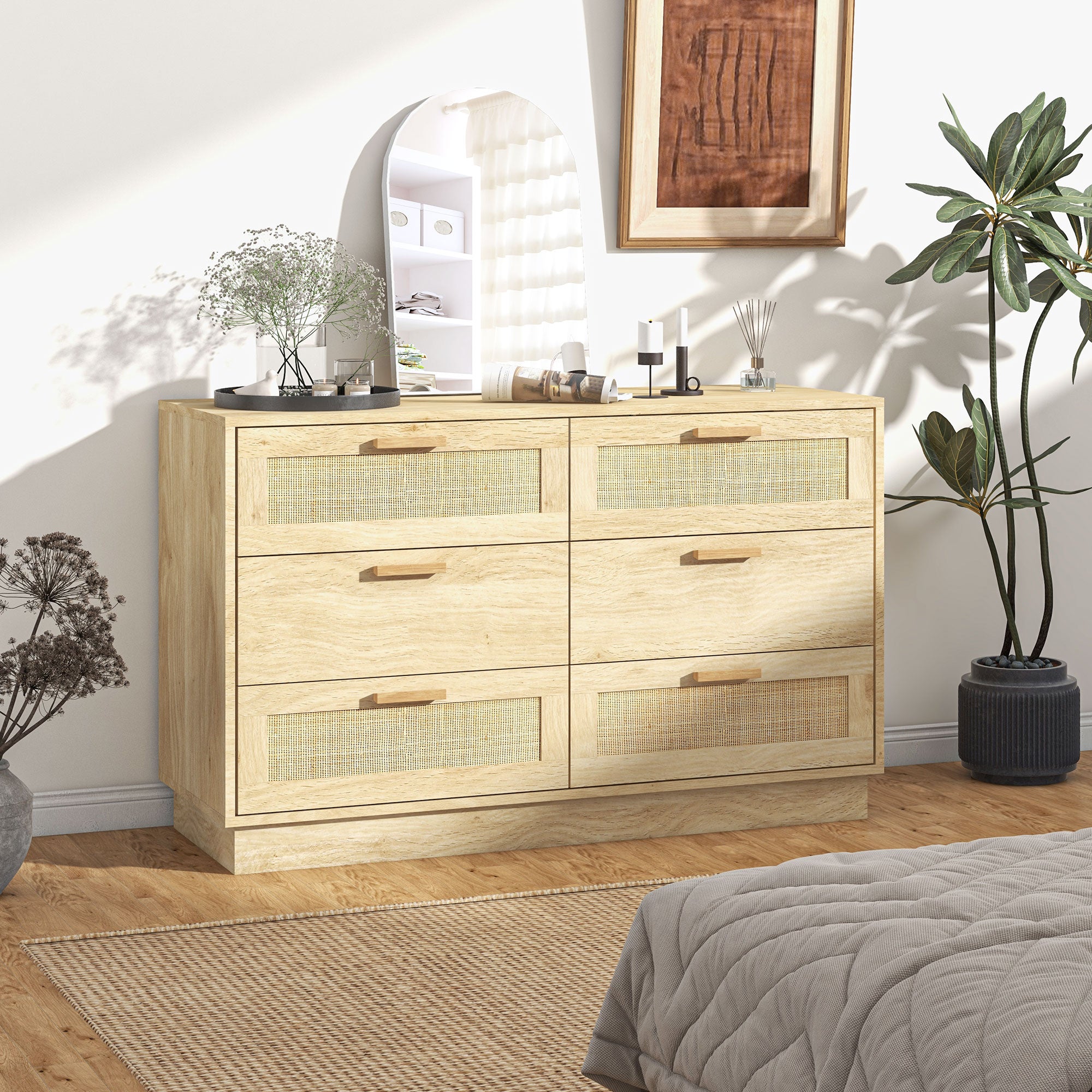 6-Drawer Chest of Drawers, Boho Style, for Bedroom and Entrance, Made of Wood and Rattan, 110x40x69 cm, Oak