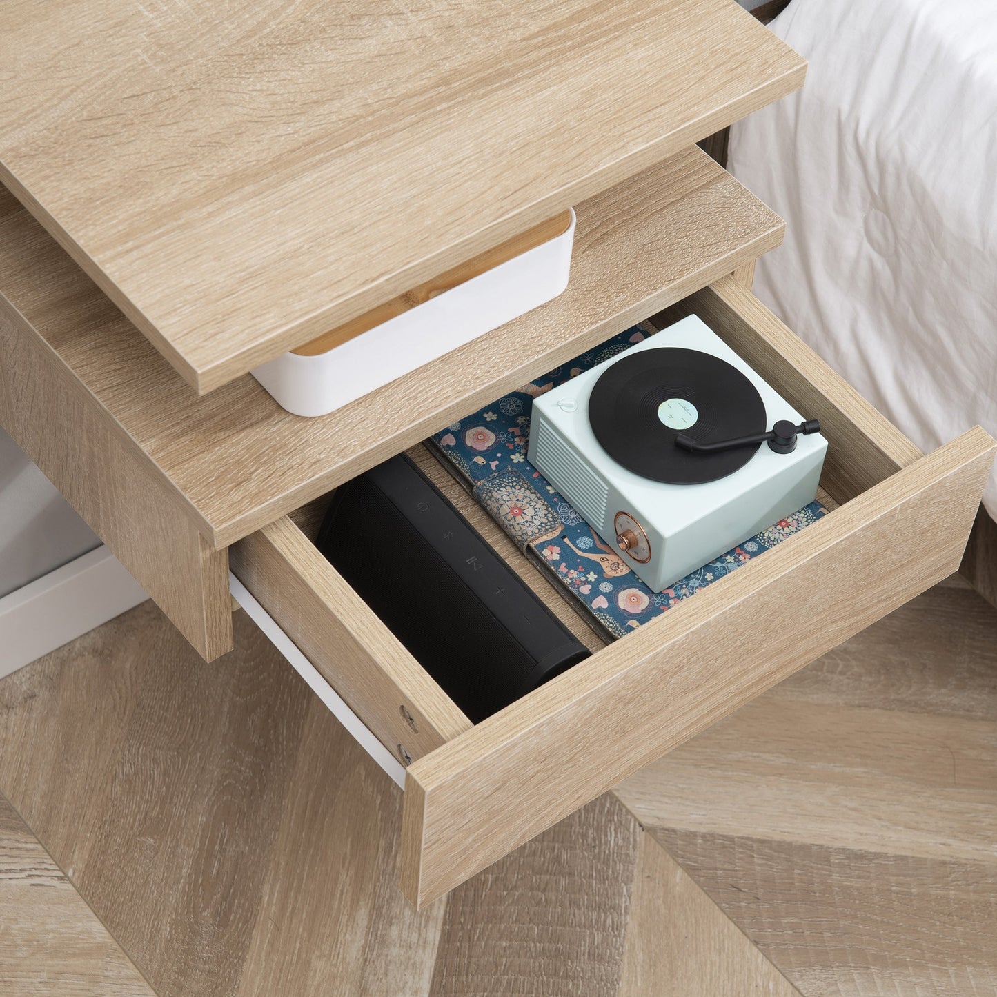 Set of 2 Modern Suspended Bedside Tables for the Bedroom with Drawer and Top Shelf in Wood 35x32x22.5cm, Oak