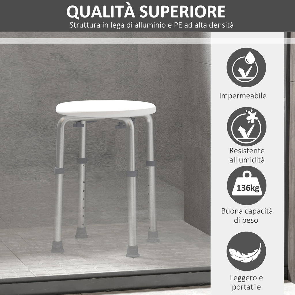 Round Shower Stool for the Elderly, Disabled Bath Chair with 8-Position Adjustable Height, Non-Slip Feet, Made of Aluminum and PE, White