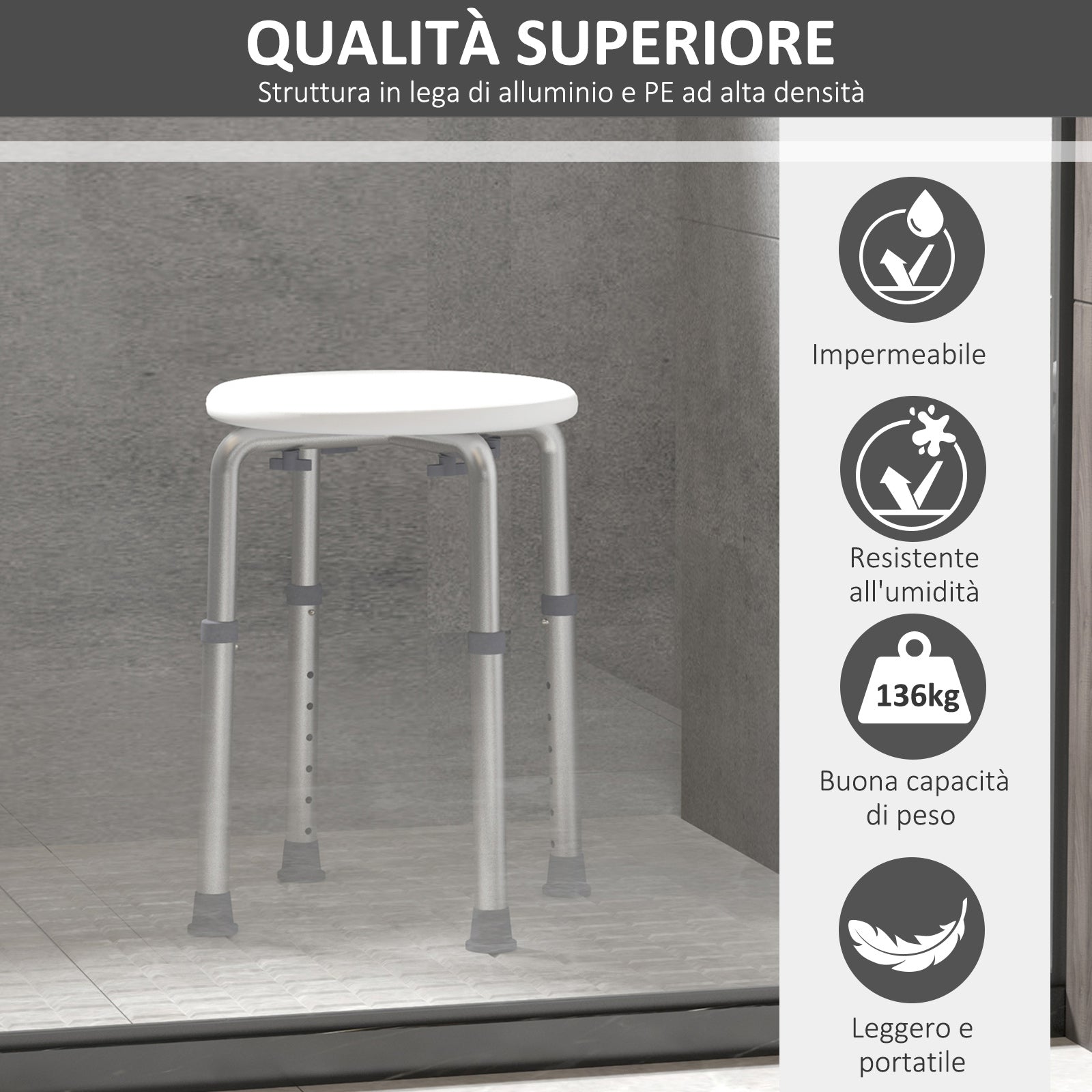 Round Shower Stool for the Elderly, Disabled Bath Chair with 8-Position Adjustable Height, Non-Slip Feet, Made of Aluminum and PE, White