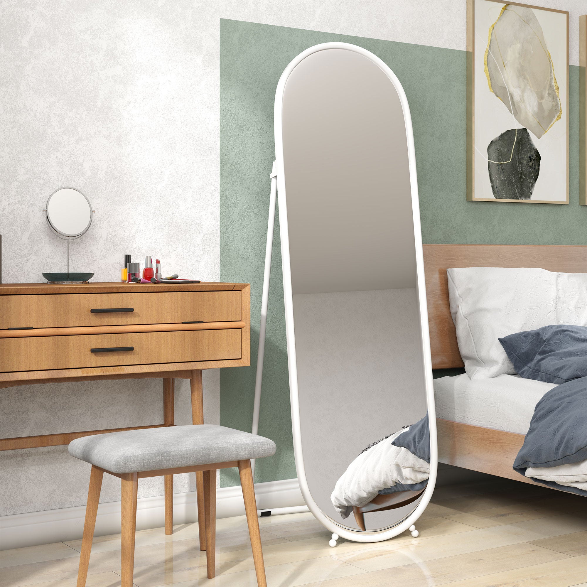 Full-Length Floor Mirror with Folding Stand, Glass and Metal, 40x41x159 cm, White