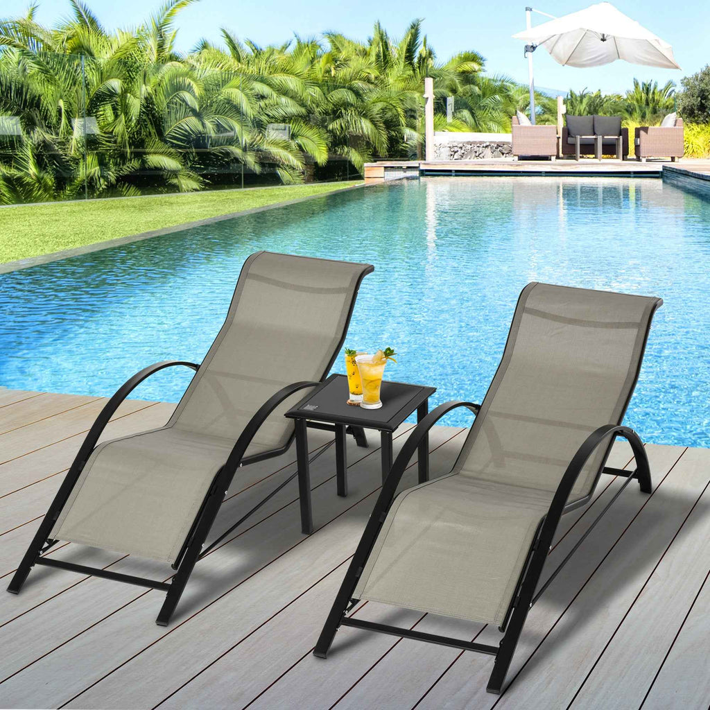 Outsunny Set of 2 Sun Loungers and Coffee Table with Glass Top, 59x169x66 cm, Grey