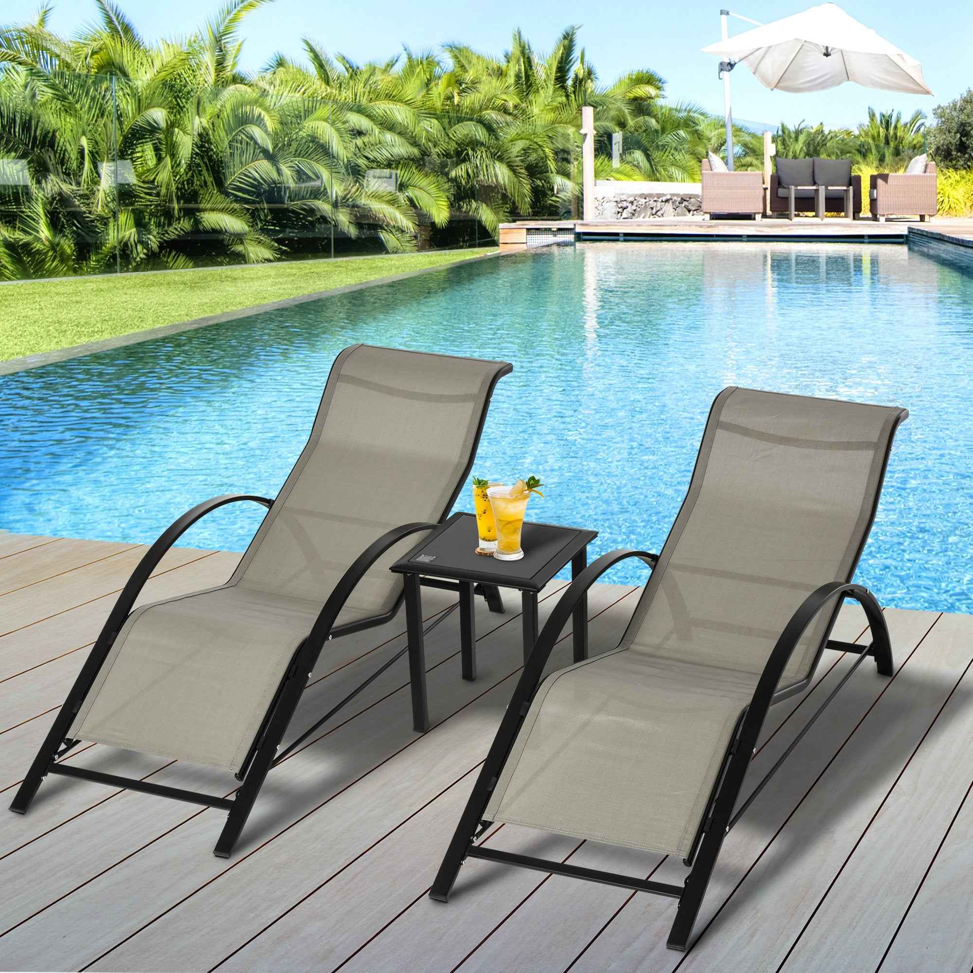 Outsunny Set of 2 Sun Loungers and Coffee Table with Glass Top, 59x169x66 cm, Grey