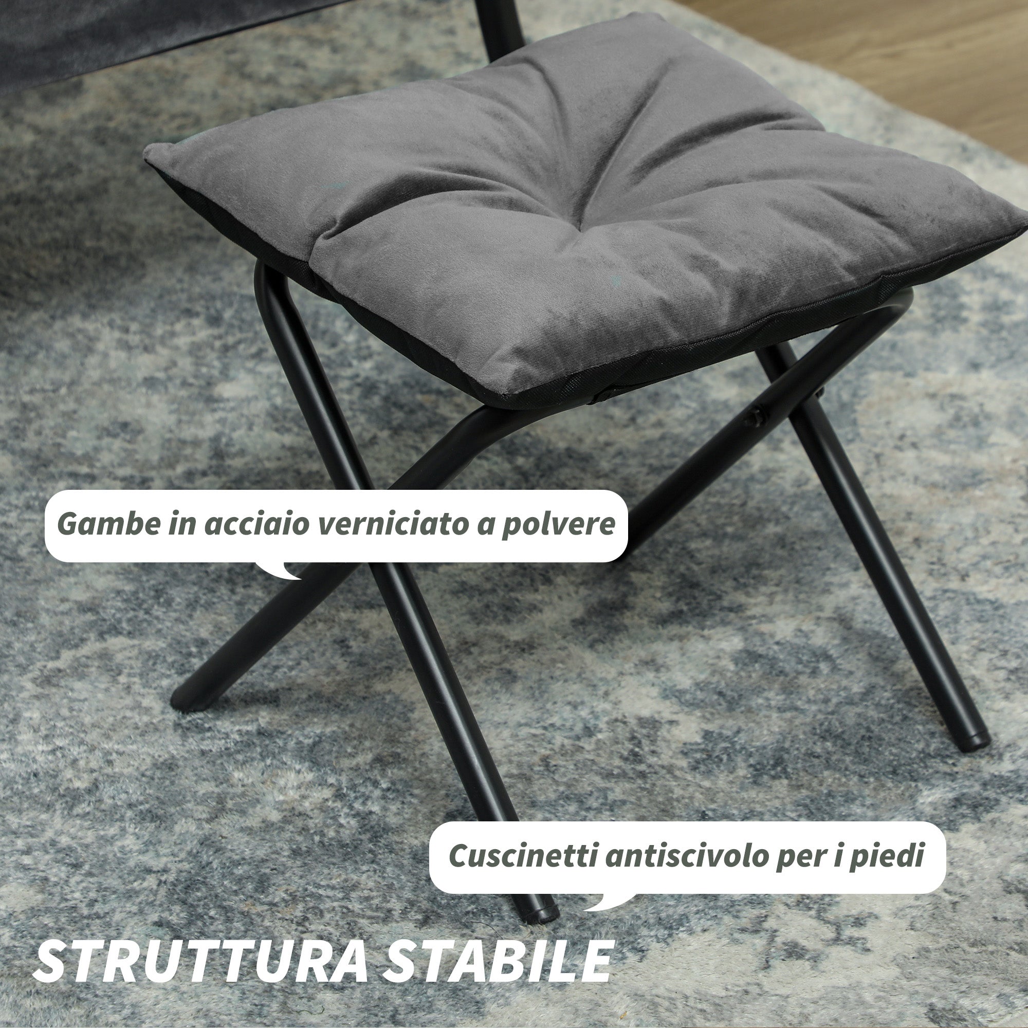 Modern Armchair with Footrest and 2 Side Pockets, in Velvet Effect Fabric and Steel, 80x78x100 cm, Gray