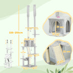 Ceiling Cat Tree with Adjustable Height 225-255 cm with House and Hammock, Light Grey