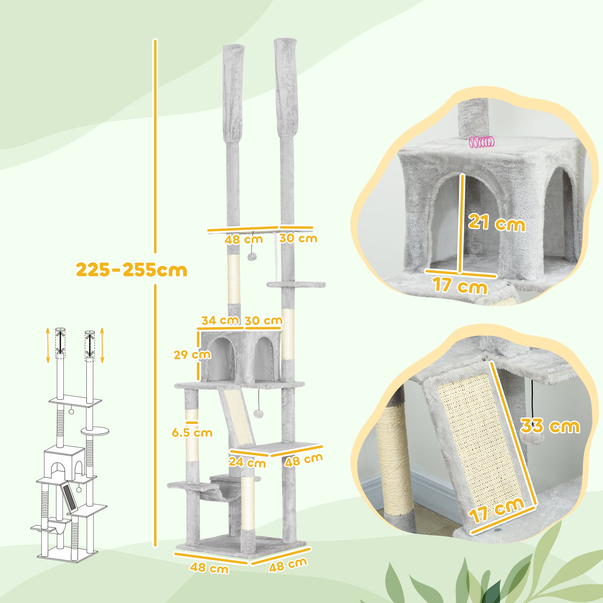 Ceiling Cat Tree with Adjustable Height 225-255 cm with House and Hammock, Light Grey