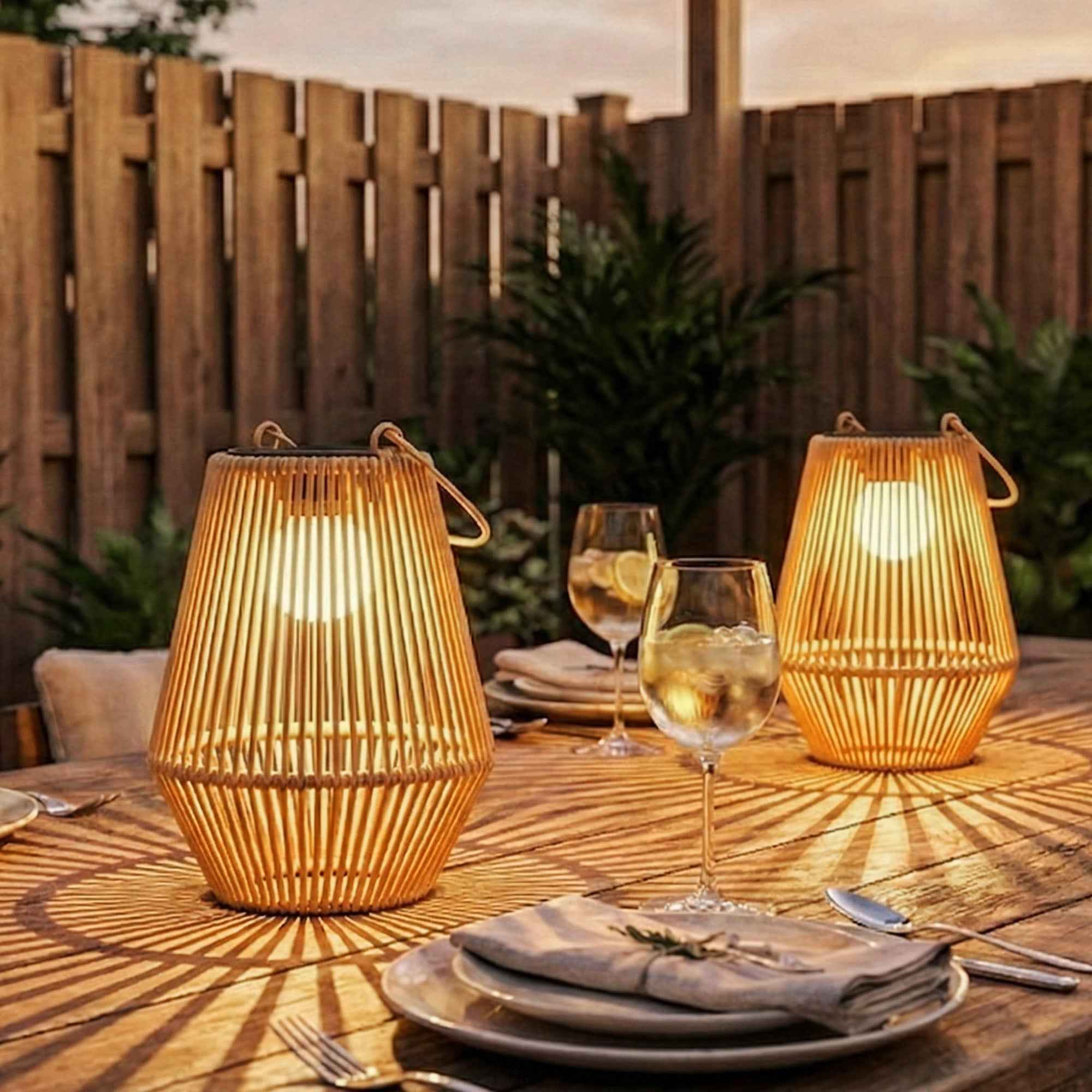 Outsunny Set of 2 Solar Rattan Lamps, with Automatic On/Off, IP44, 16x16x21 cm, Brown