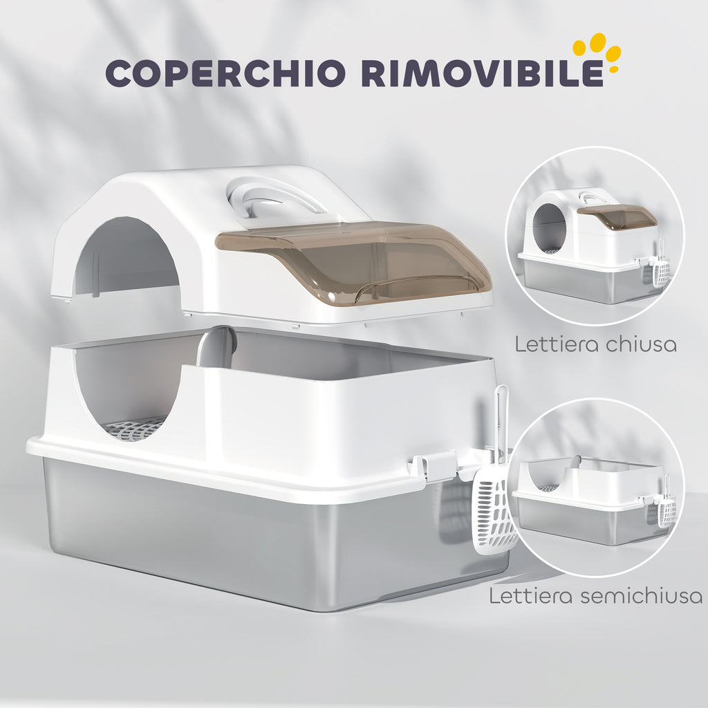 Enclosed Cat Litter Box with 2 Mats, Stainless Steel, ABS and PP, 60.5x40.5x42 cm, White and Silver