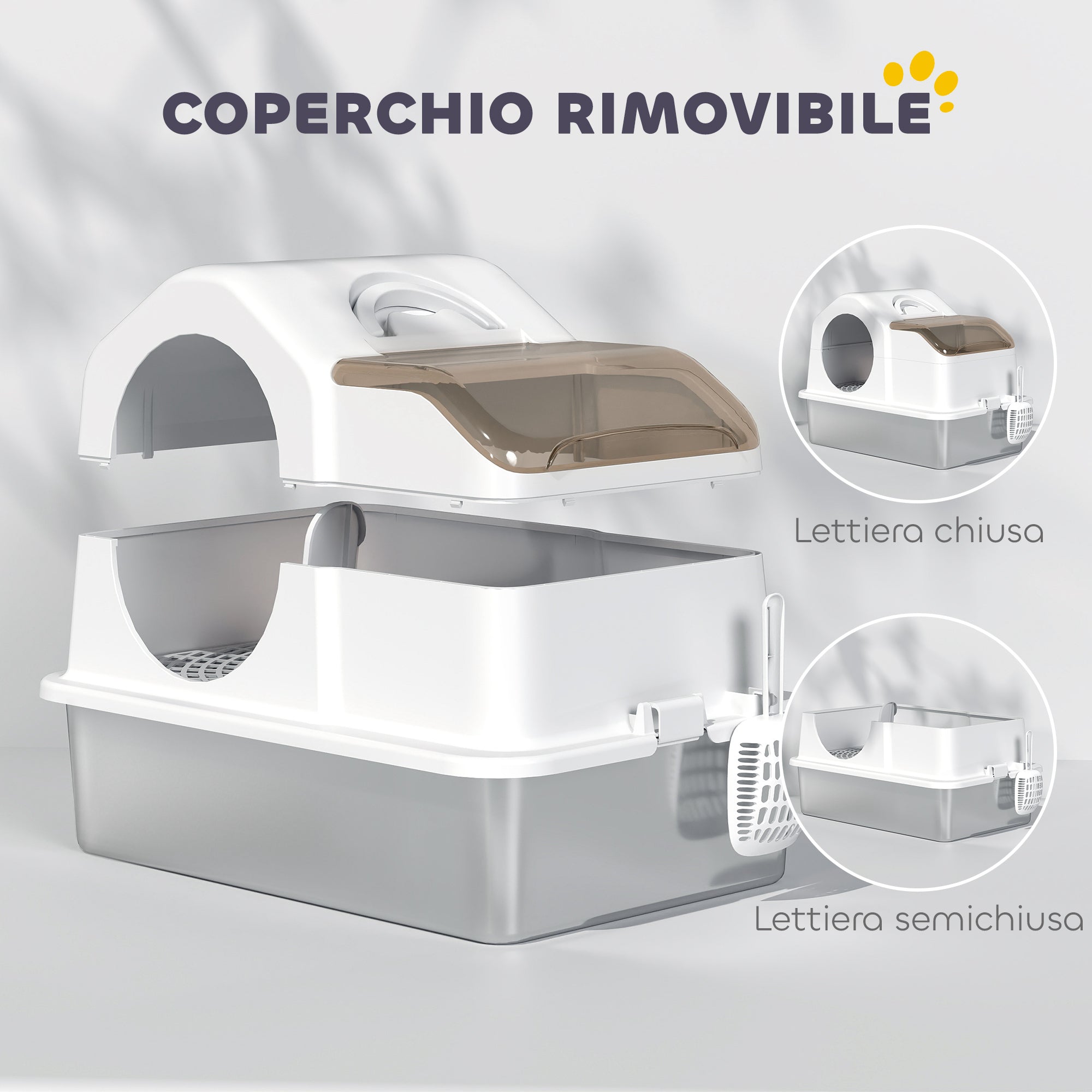Enclosed Cat Litter Box with 2 Mats, Stainless Steel, ABS and PP, 60.5x40.5x42 cm, White and Silver
