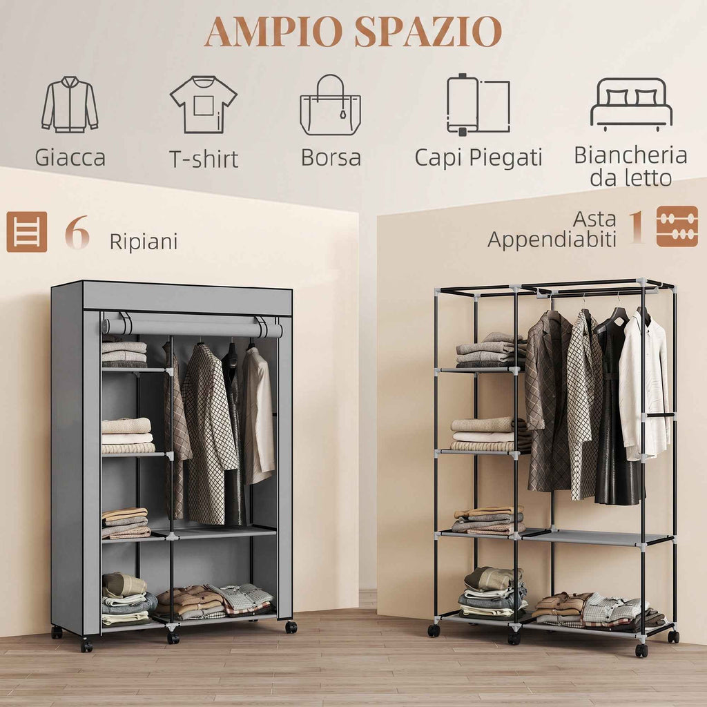 HOMCOM Portable Non-Woven Fabric and Steel Wardrobe with Wheels, 6 Open Shelves, Clothes Hanger, Light Grey