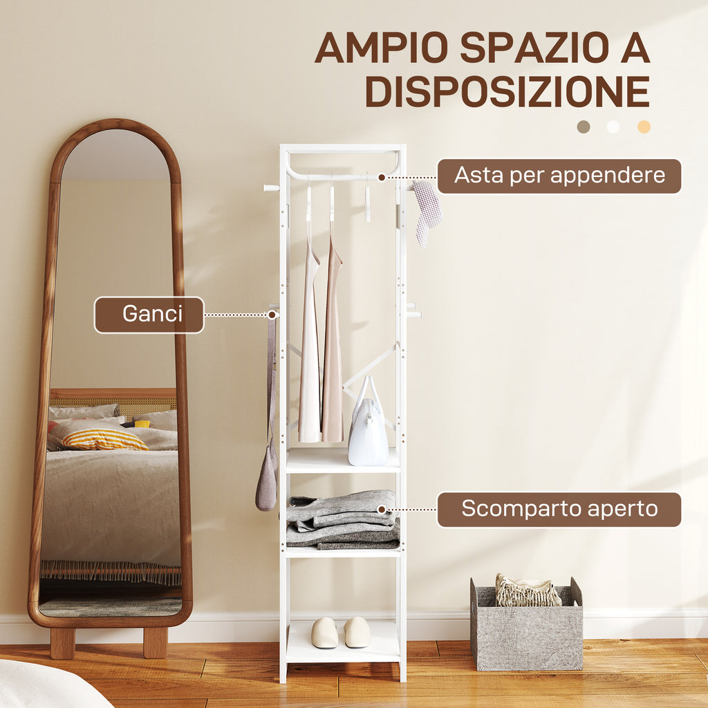 Floor Coat Hanger with Rod and 2 Open Shelves, in Wood and Steel, 38.5x30x170 cm, White and Wood Color
