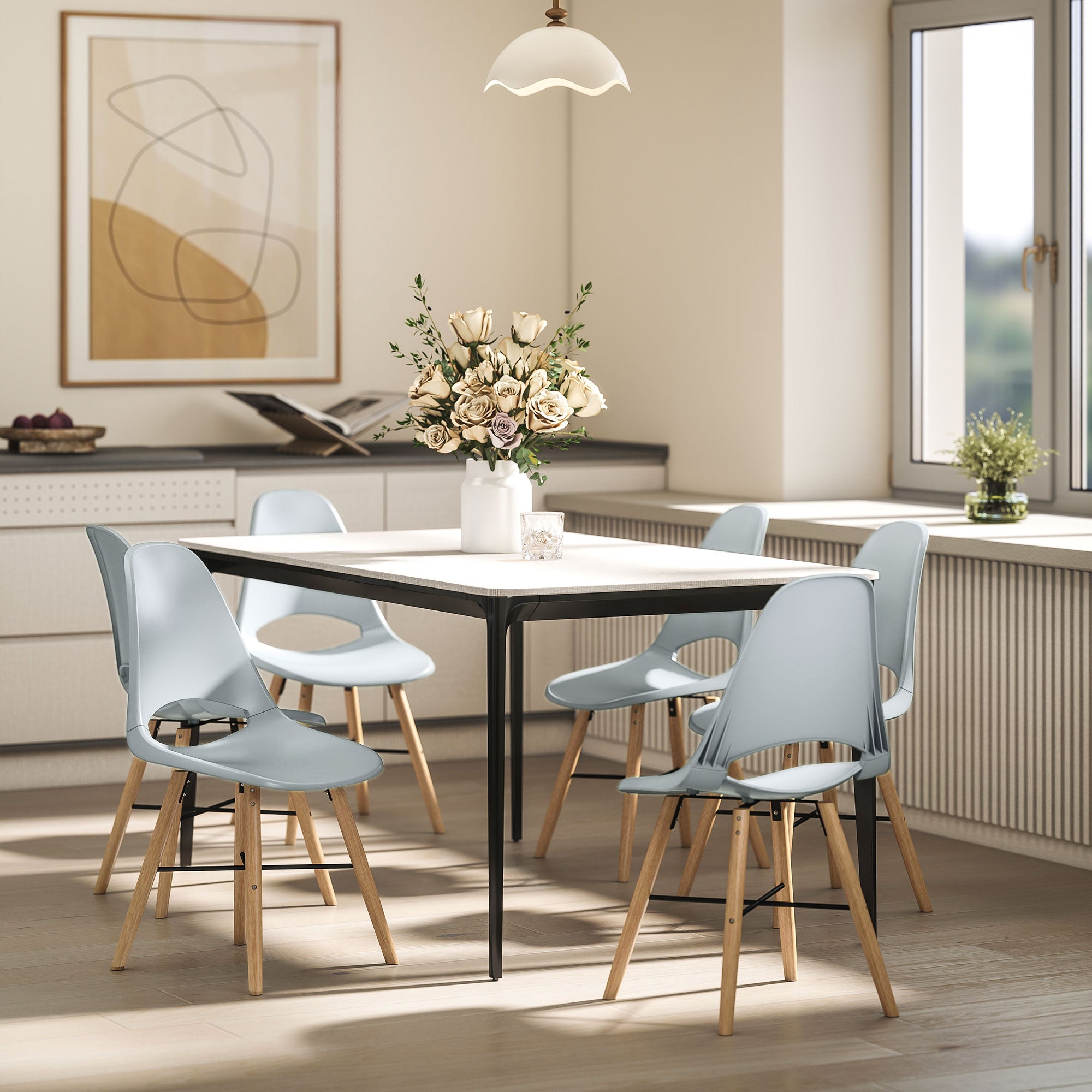 Set of 2 Nordic Style Plastic and Wood Dining Chairs with Curved Backrest, Grey