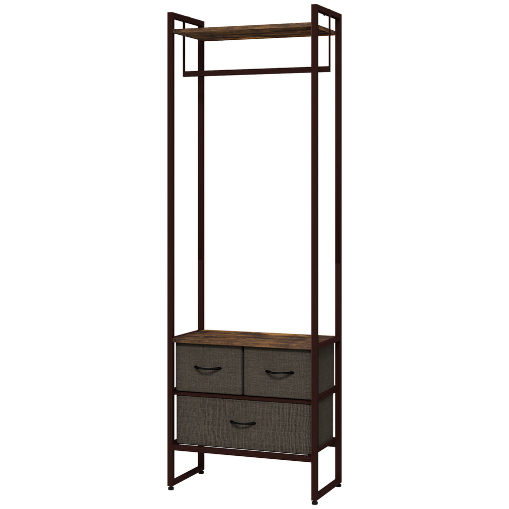 HOMCOM Floor Coat Hanger with Rod, 3 Drawers and Shelves, in MDF Wood and Steel, 58.5x30x178 cm, Brown - Borgè