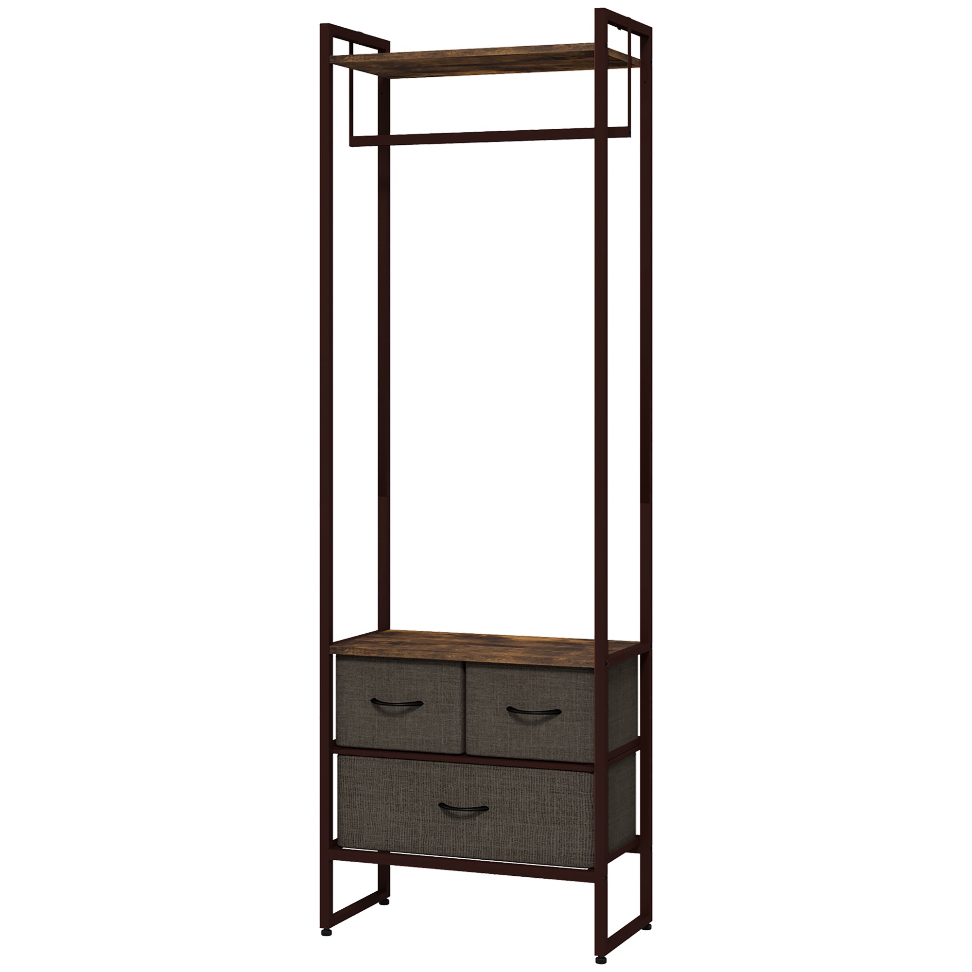 HOMCOM Floor Coat Hanger with Rod, 3 Drawers and Shelves, in MDF Wood and Steel, 58.5x30x178 cm, Brown - Borgè