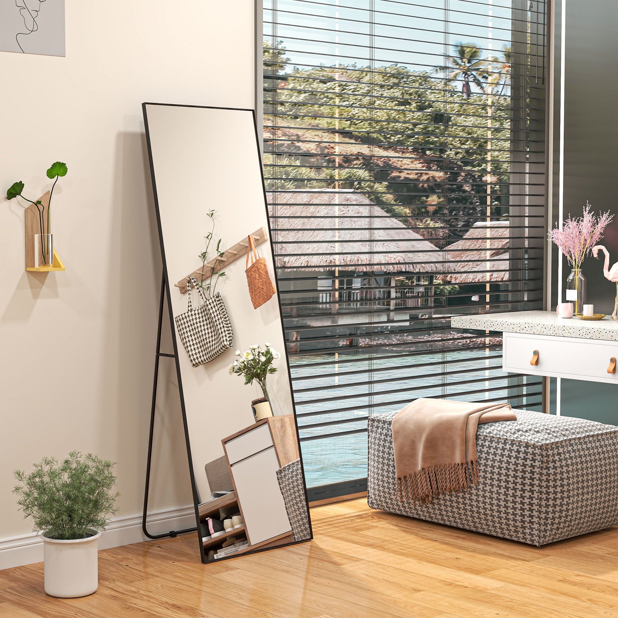 Modern Full Length Floor Mirror, Freestanding or Wall Mounted Design, 40x150cm, Black