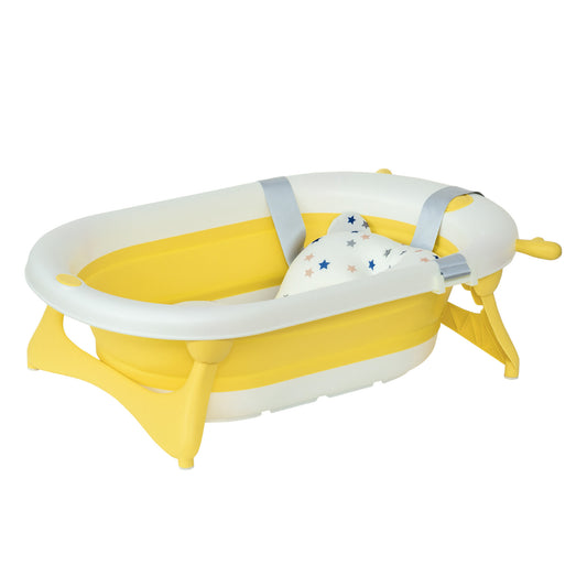 HOMCOM Foldable Baby Bath Tub for Children 0-3 Years with Temperature Indicator and Pillow, 81.5x50.5x23.5 cm, Yellow