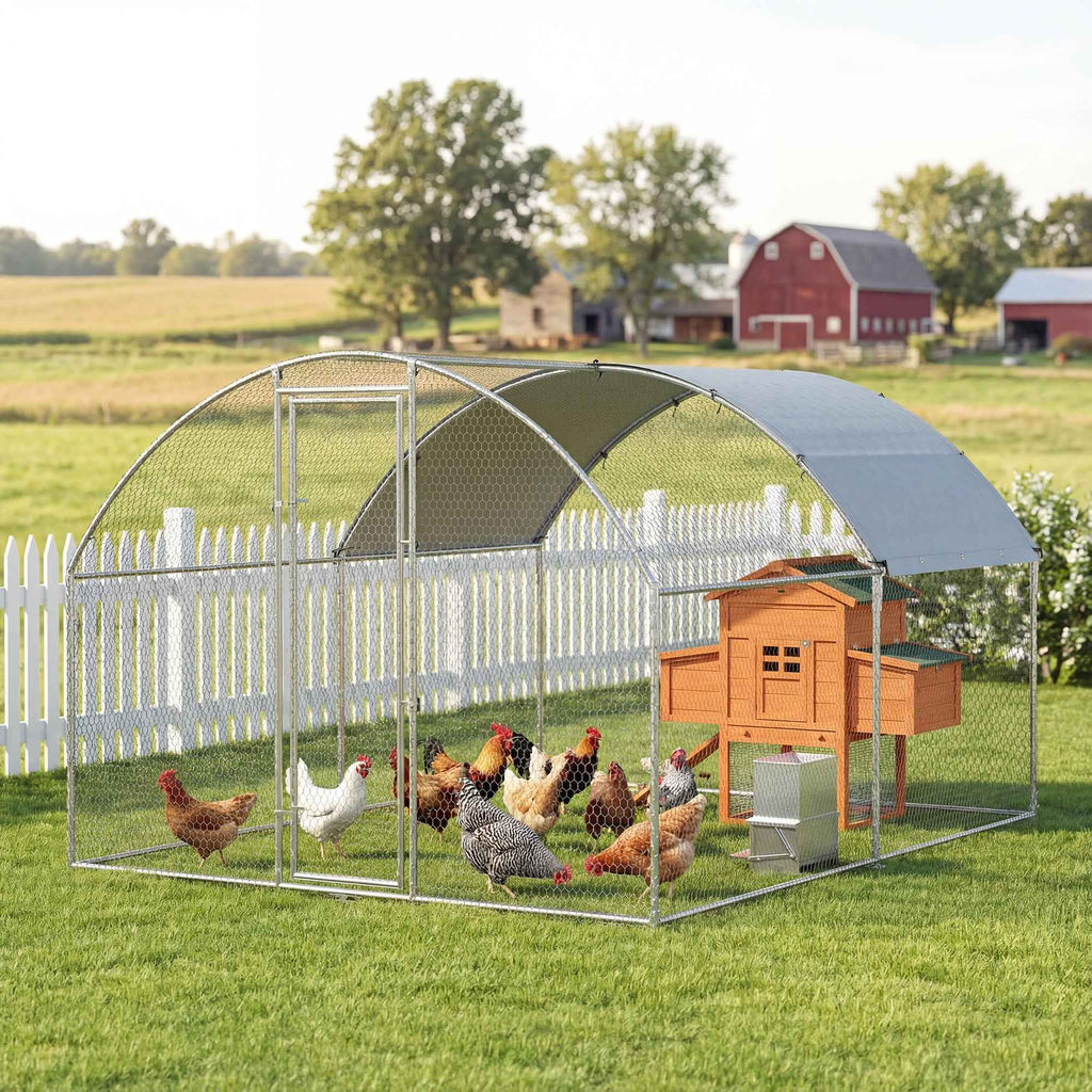 PawHut Outdoor Chicken Coop with Waterproof Roof and Lock, Galvanized Steel, 2.8 x 3.4 x 1.9 m, Silver