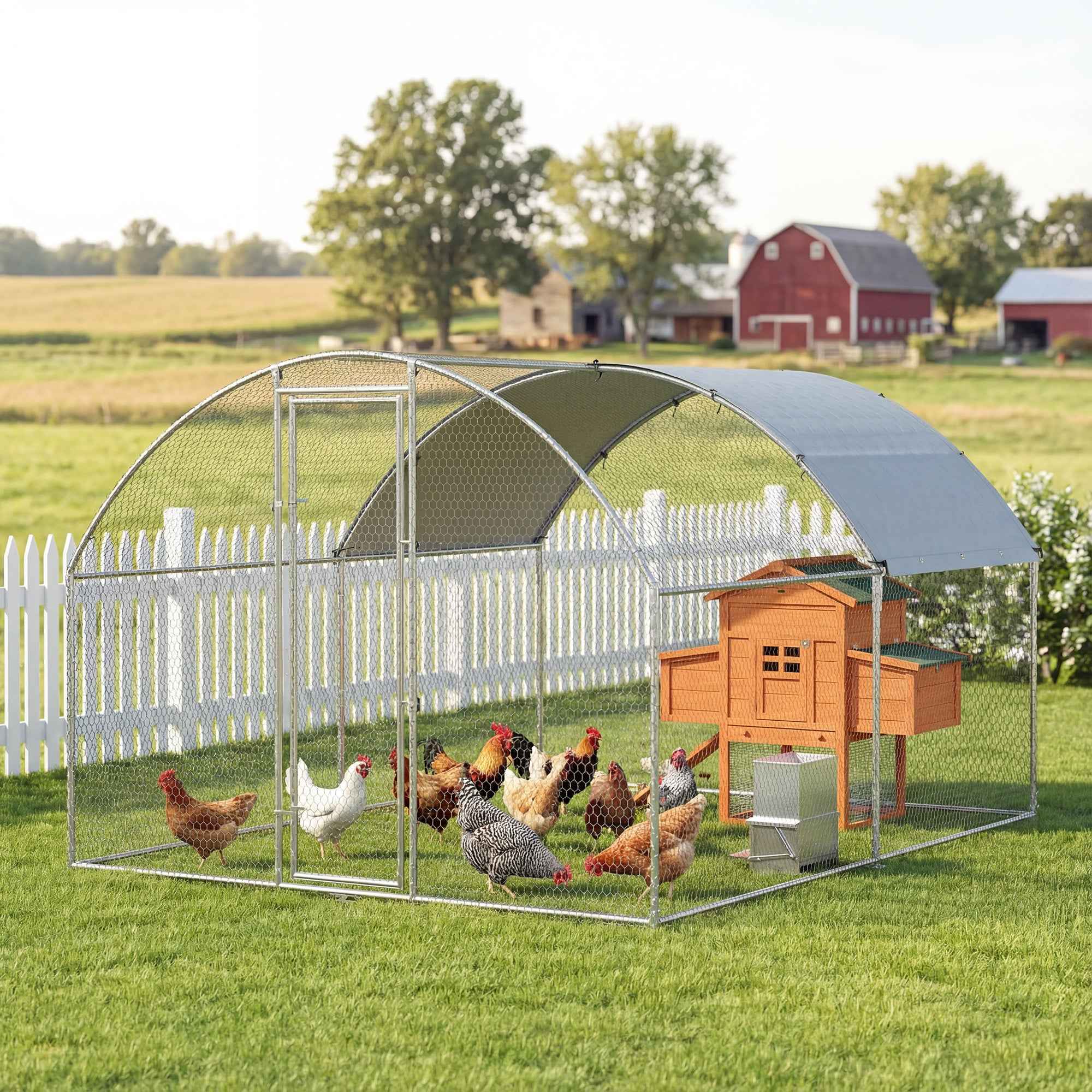 PawHut Outdoor Chicken Coop with Waterproof Roof and Lock, Galvanized Steel, 2.8 x 3.4 x 1.9 m, Silver