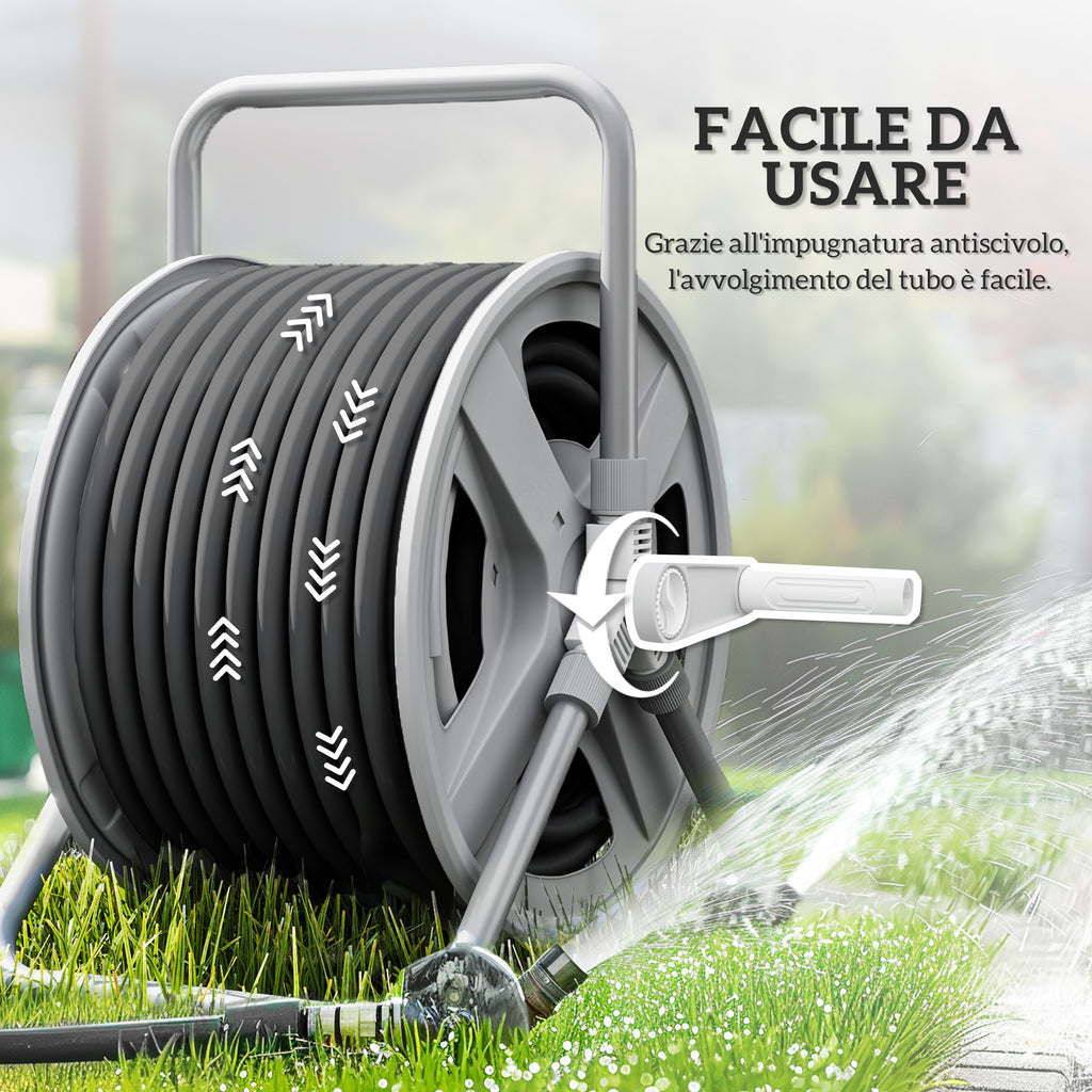 Wall Mounted and Freestanding Garden Hose Reel for 40m Hose with Crank Handle, Grey