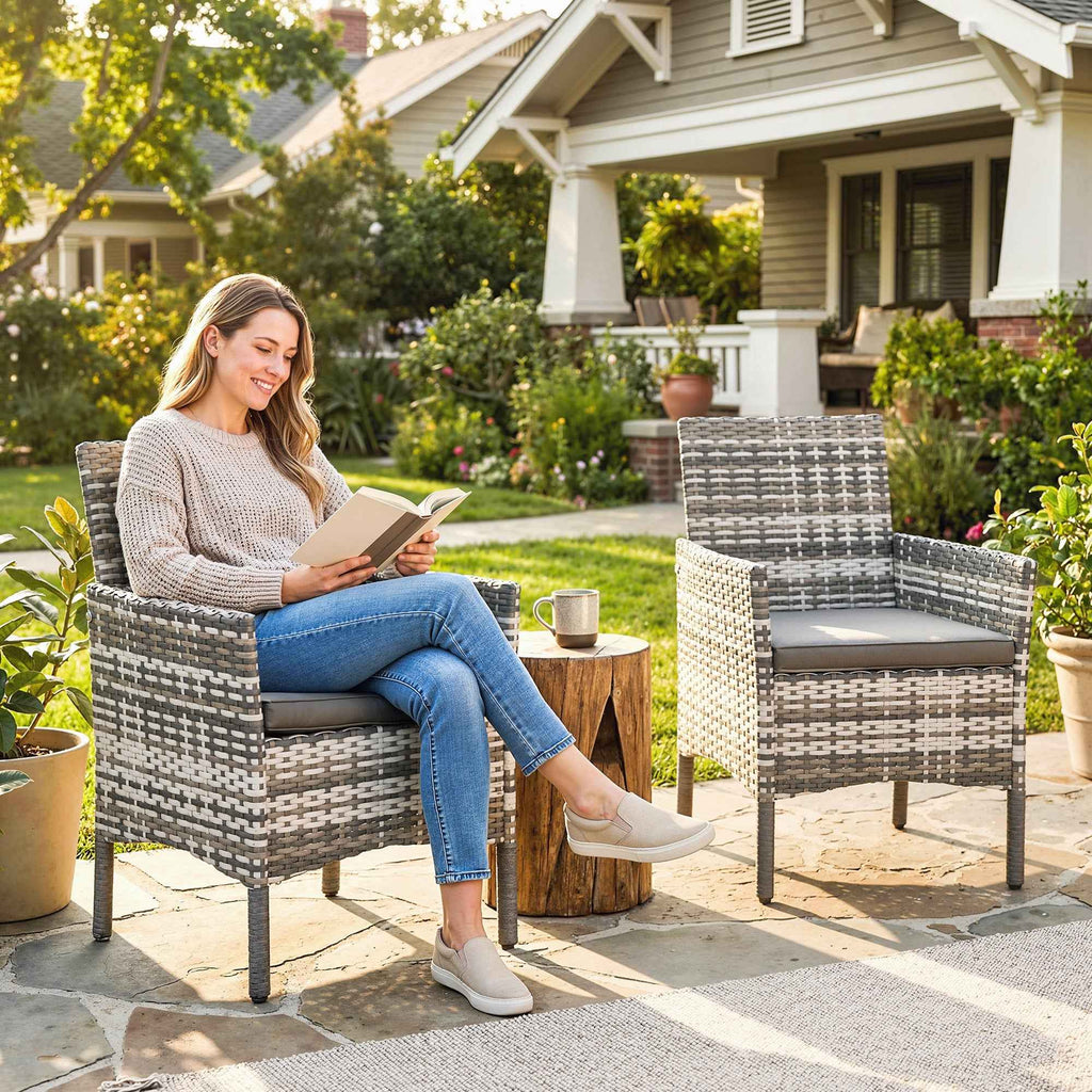 Outsunny Set of 2 Rattan Garden Chairs with Cushions and Armrests, Grey