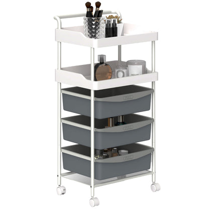 Storage Trolley with 2 Fixed Trays and 3 Sliding Trays, Steel and PP, 40x34x85 cm, White and Grey