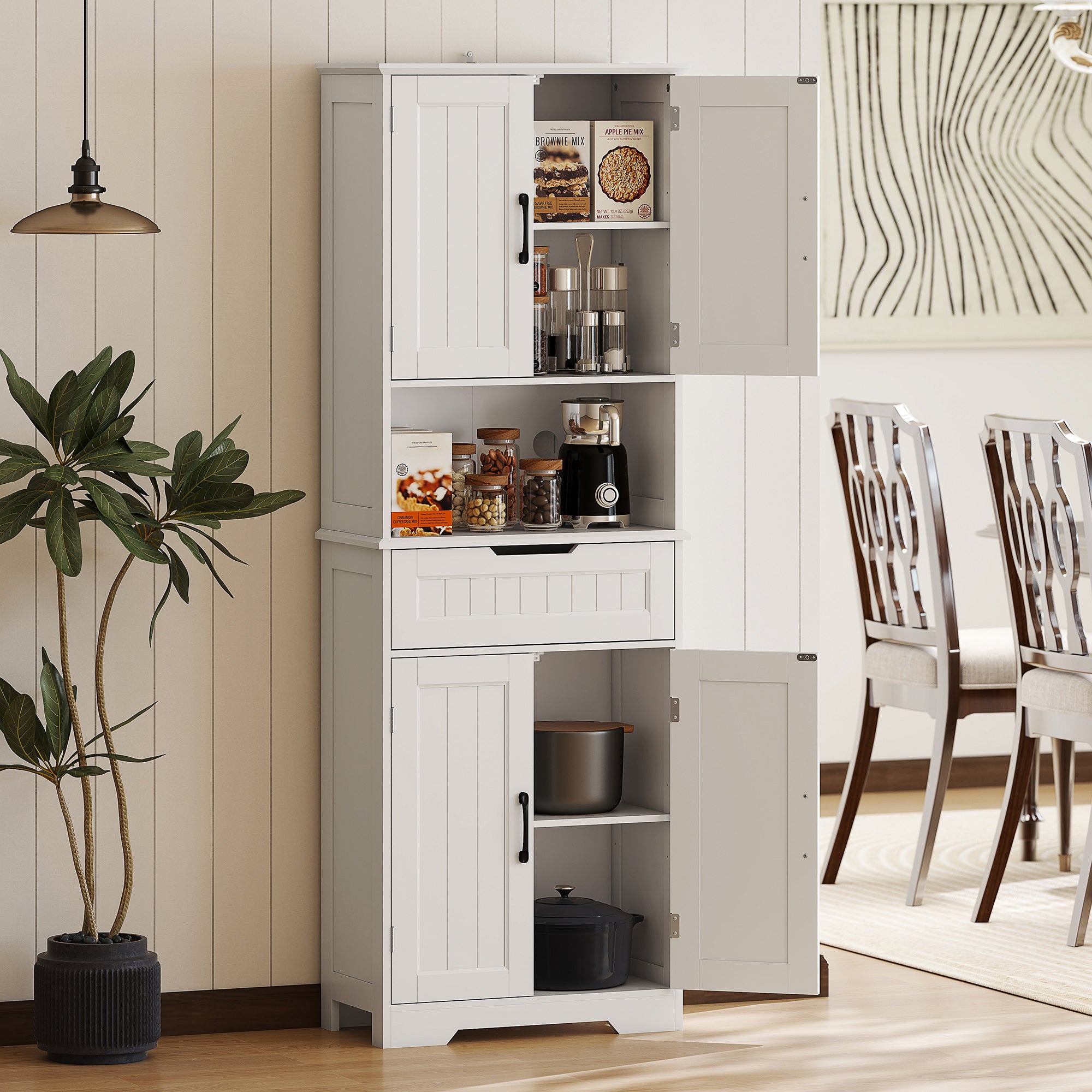 Kitchen Sideboard with 2 Cabinets and Drawer, Open Center Top and Adjustable Shelves, White